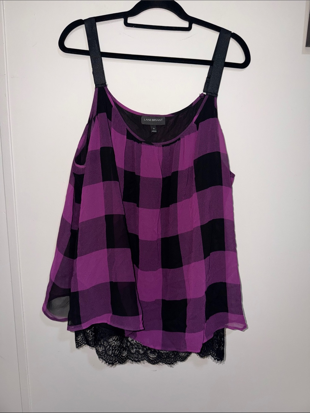 Lane Bryant Purple and Black Plaid Lace-Trim Camisole